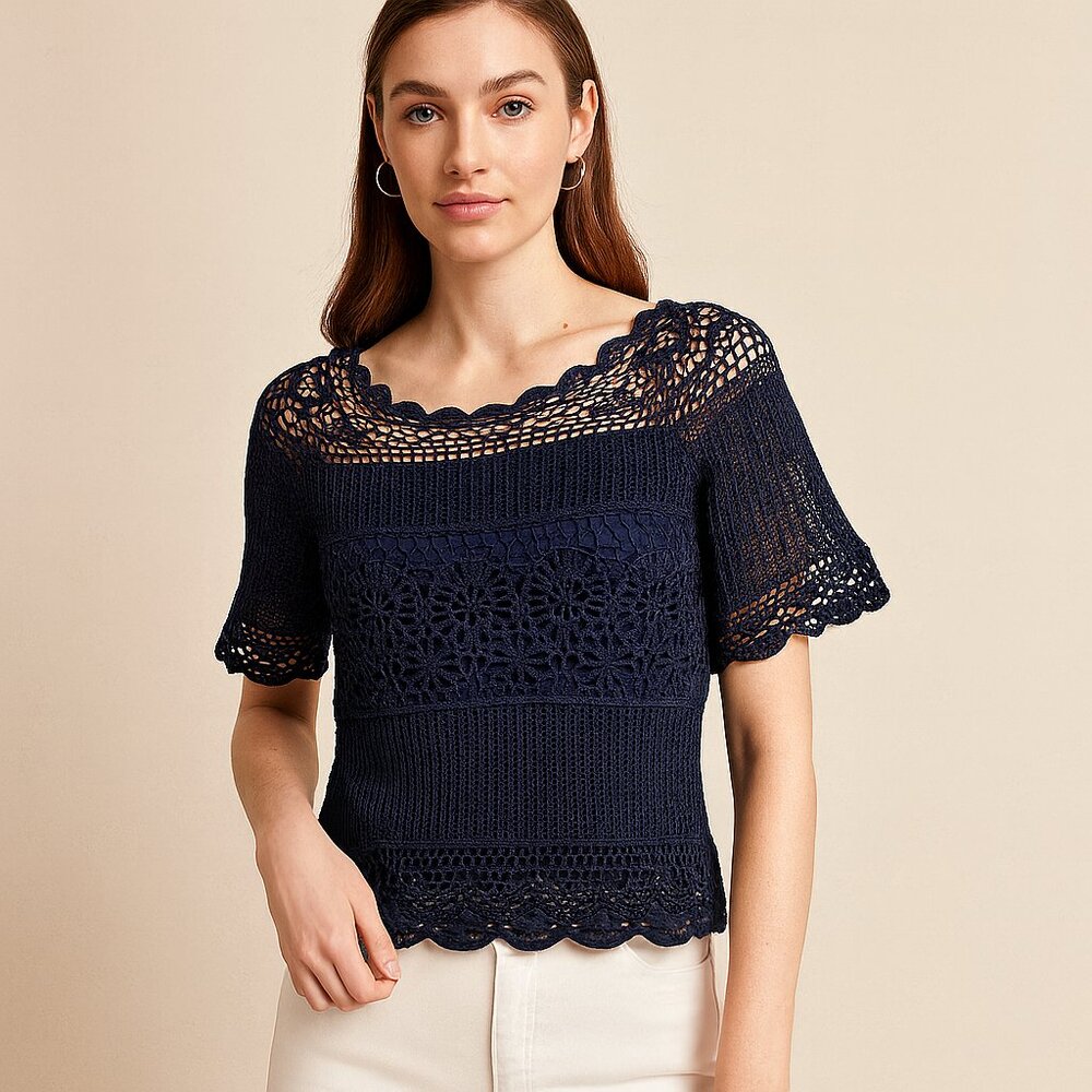 Anthropologie James Coviello Janice Blue Crochet Short Sleeve Floral Sweater S
